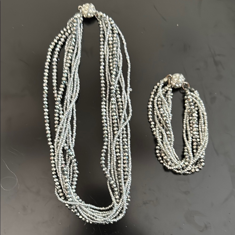 Elegant Silver Beaded Necklace and Bracelet Set with Magnetic Catch